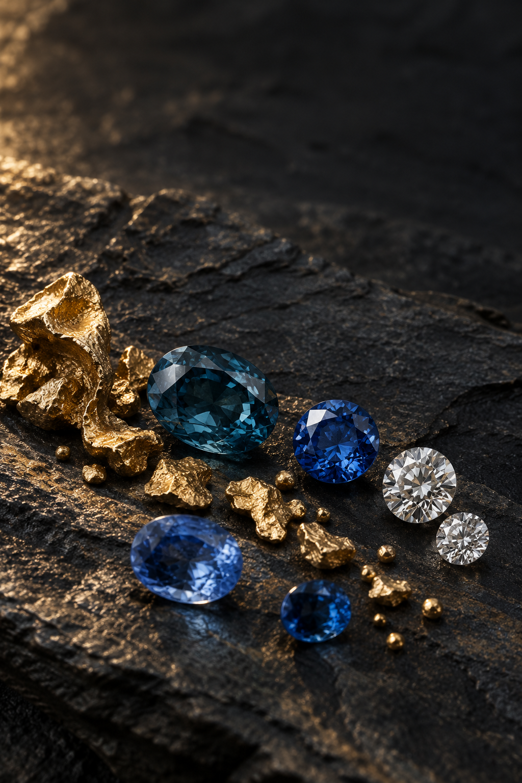 Illustrative still life of blue sapphires, diamonds, and gold on dark stone